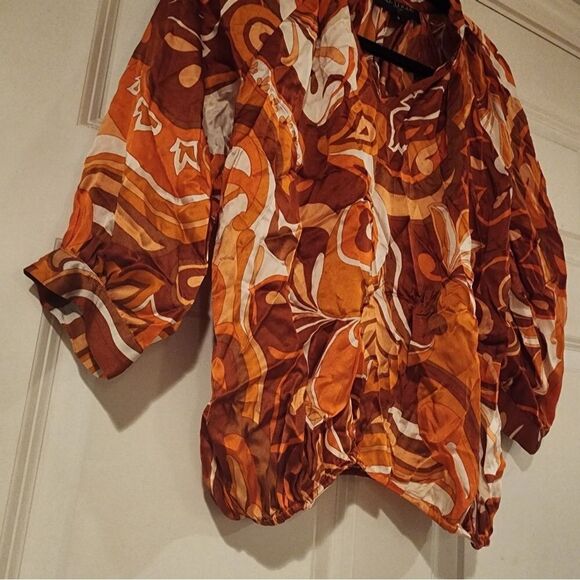 Liz Logie satin Feel orange and white blouse 70s Style Size 6 - Picture 3 of 4